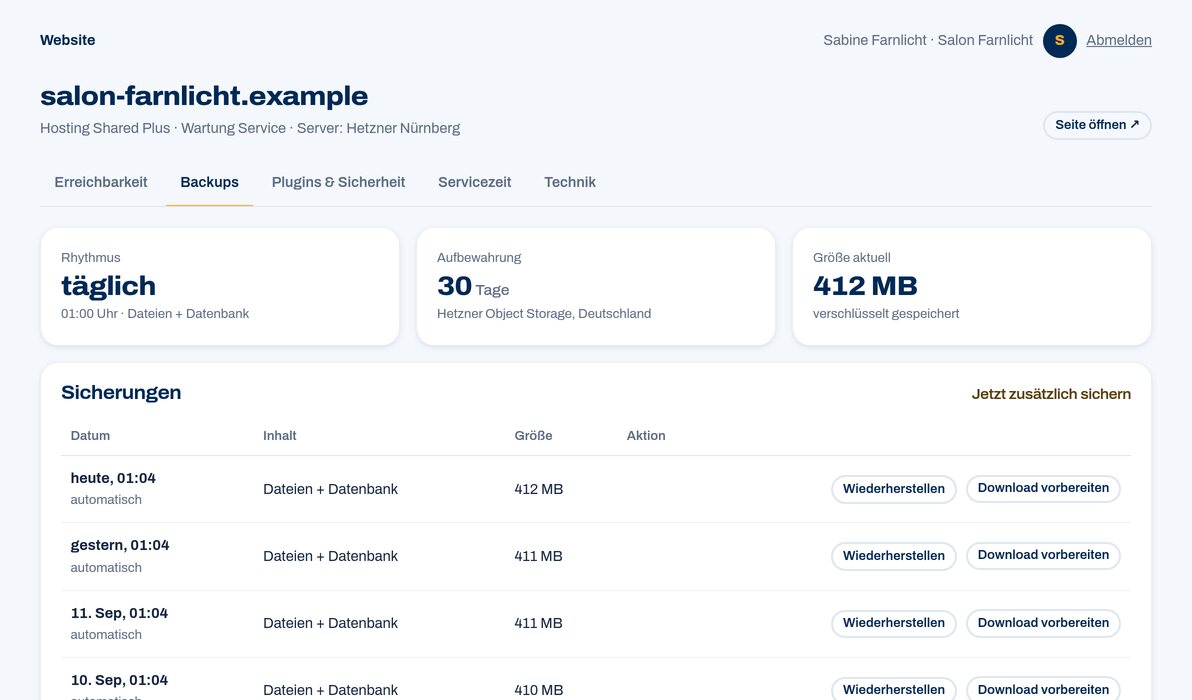 Kundenportal: Liste der täglichen Sicherungen mit Datum, Inhalt und Größe, Download und Wiederherstellung